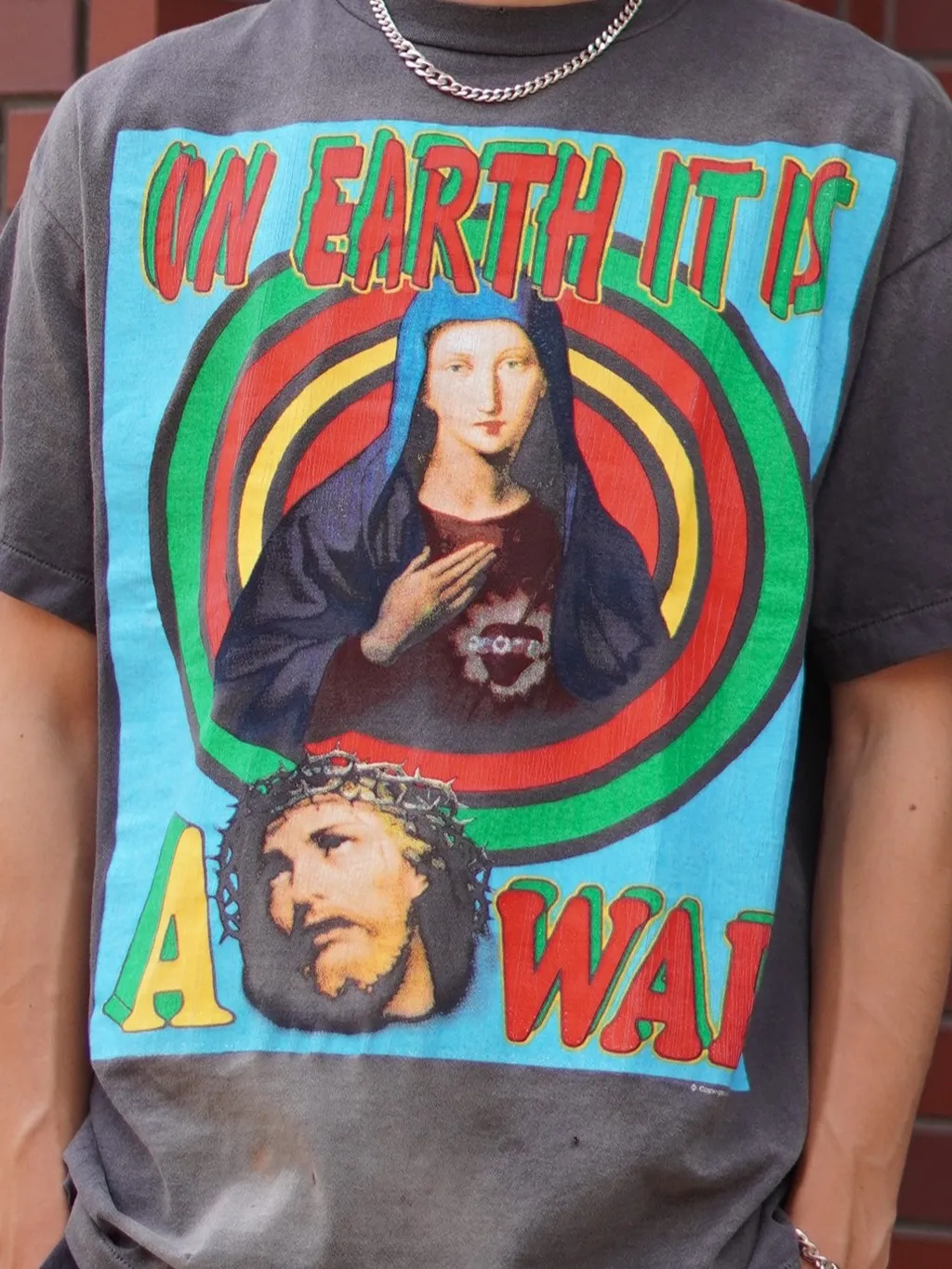 SAINT MICHAEL SS TEE/ON EARTH/BLK Jesus, Mary, Holy Infant Earth TEE Ready-to-wear Assut special piece dyeing, washed and distressed Vintage process, front and rear super complex super large printing, top purchasing agent technology